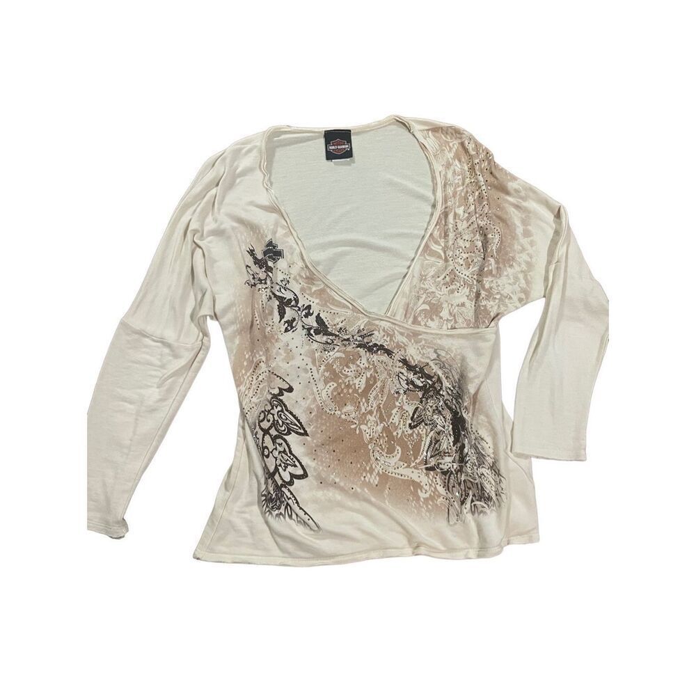 Harley Davidson womens embellished cream brown tan wrap top size large